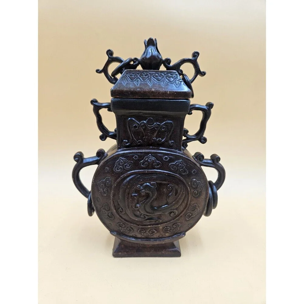 Hand Carved Chinese Jade Imperial Vase Incense Holder Floral Motif Lid Rings